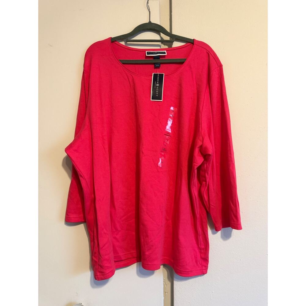 Karen Scott Women Hot Pink 3/4 Sleeve Scoop Neck Cotton T-Shirt Top Plus Size 3X